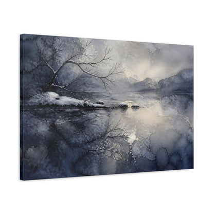 Side Mockup 2. Winter Lake Reflection shown as canvas print