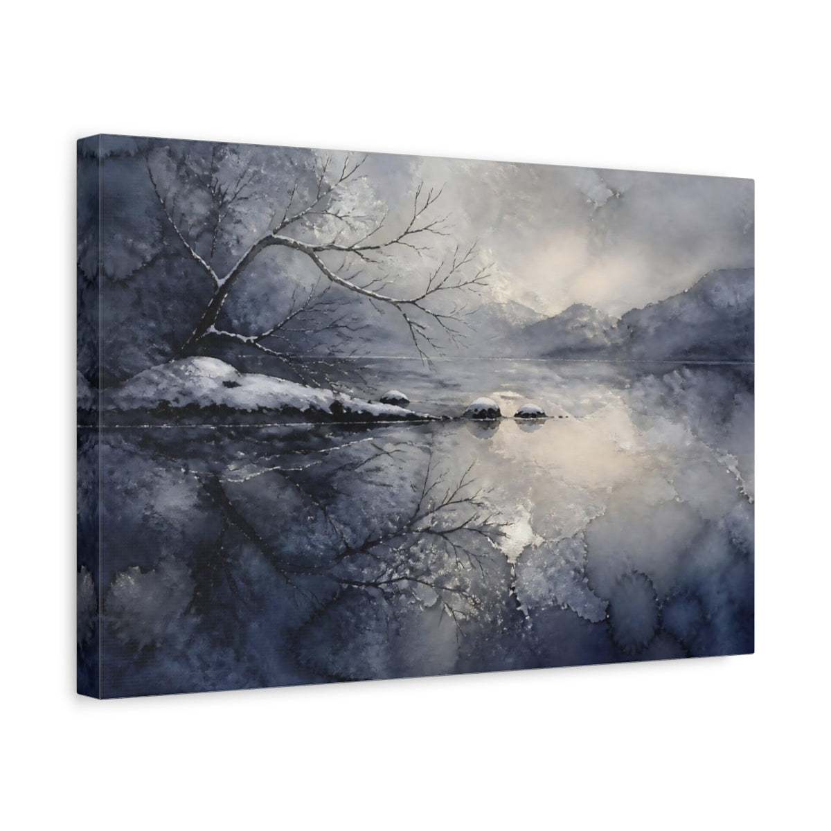 Side Mockup 4. Winter Lake Reflection shown as canvas print