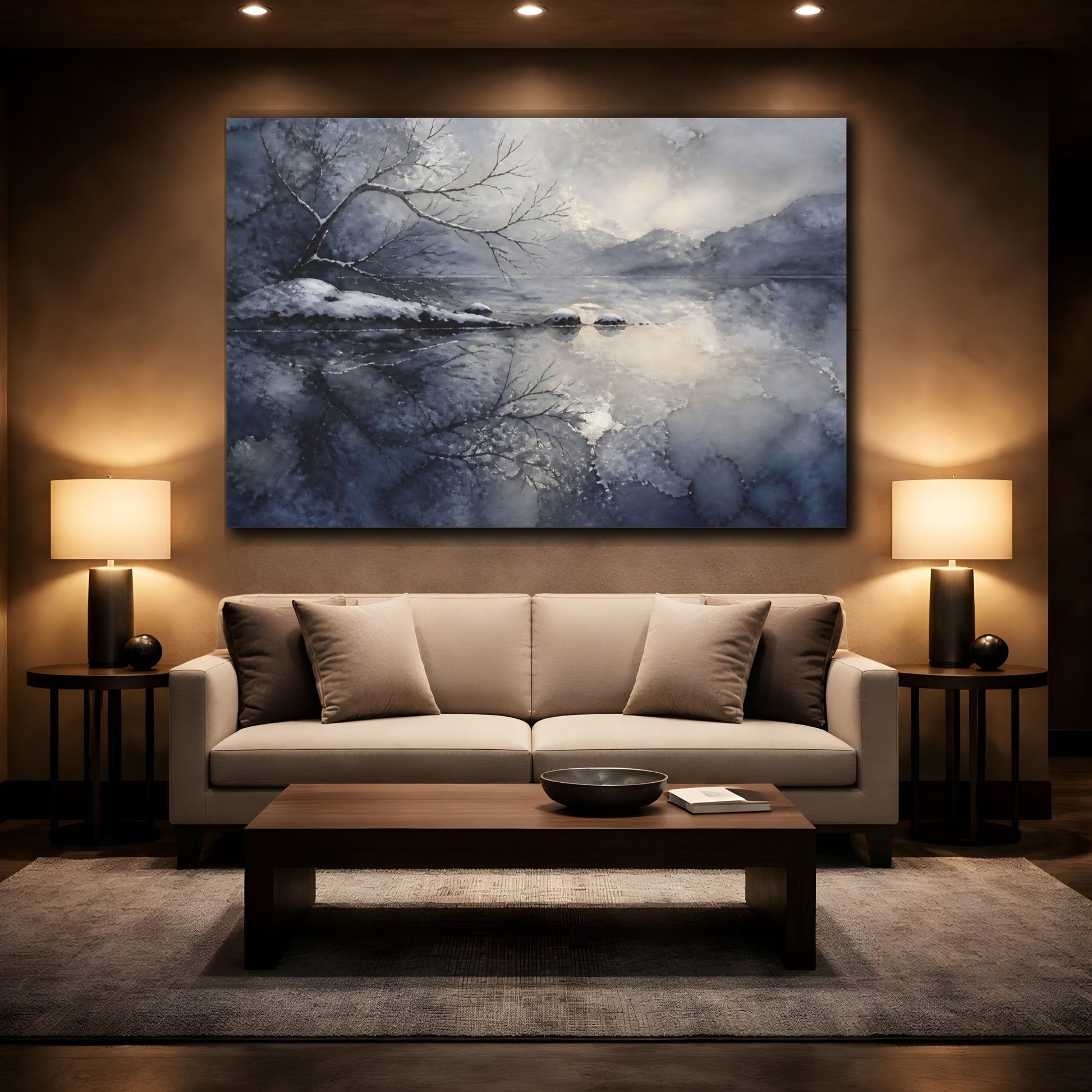 Mockup 2. Winter Lake Reflection shown as canvas print
