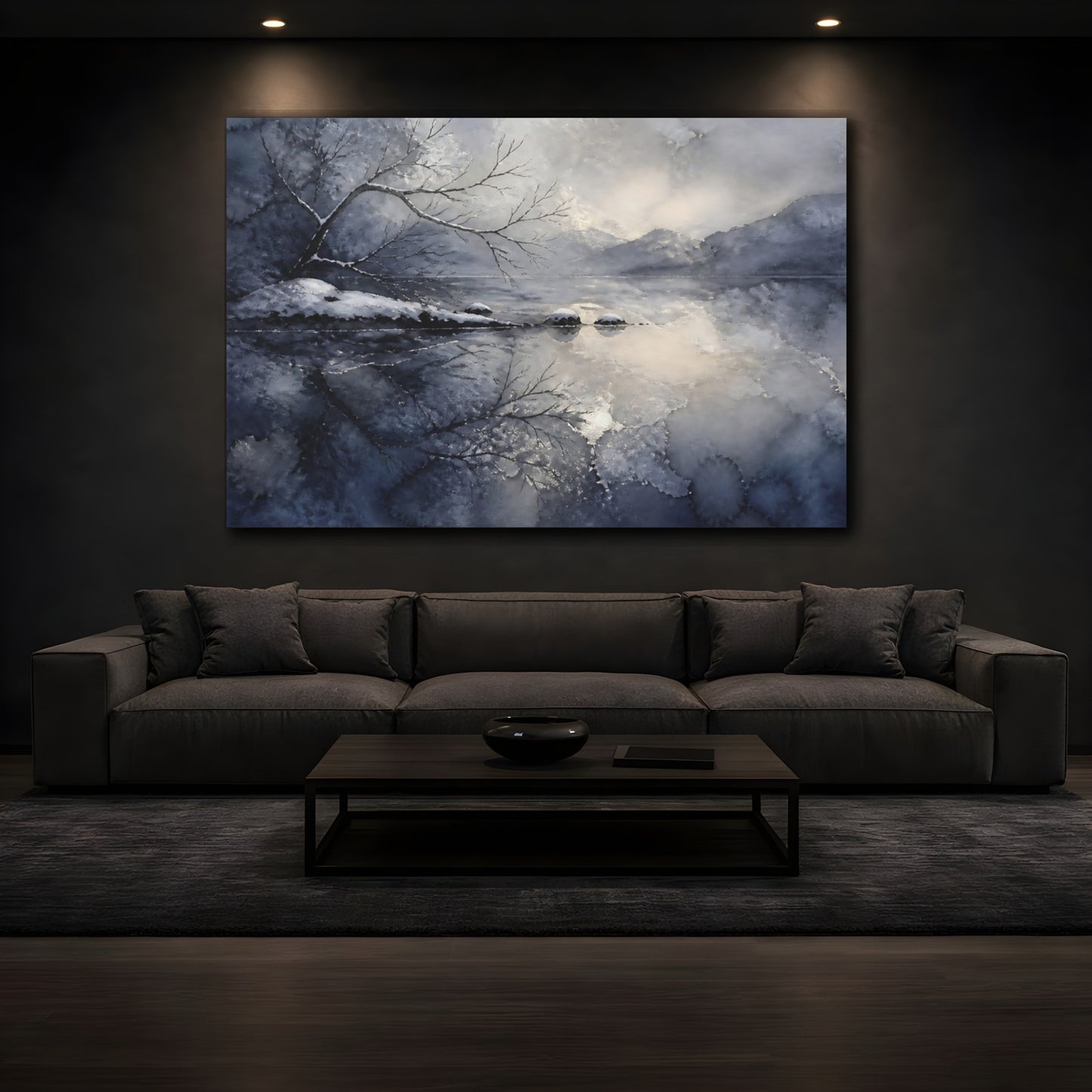 Mockup 3. Winter Lake Reflection shown as canvas print