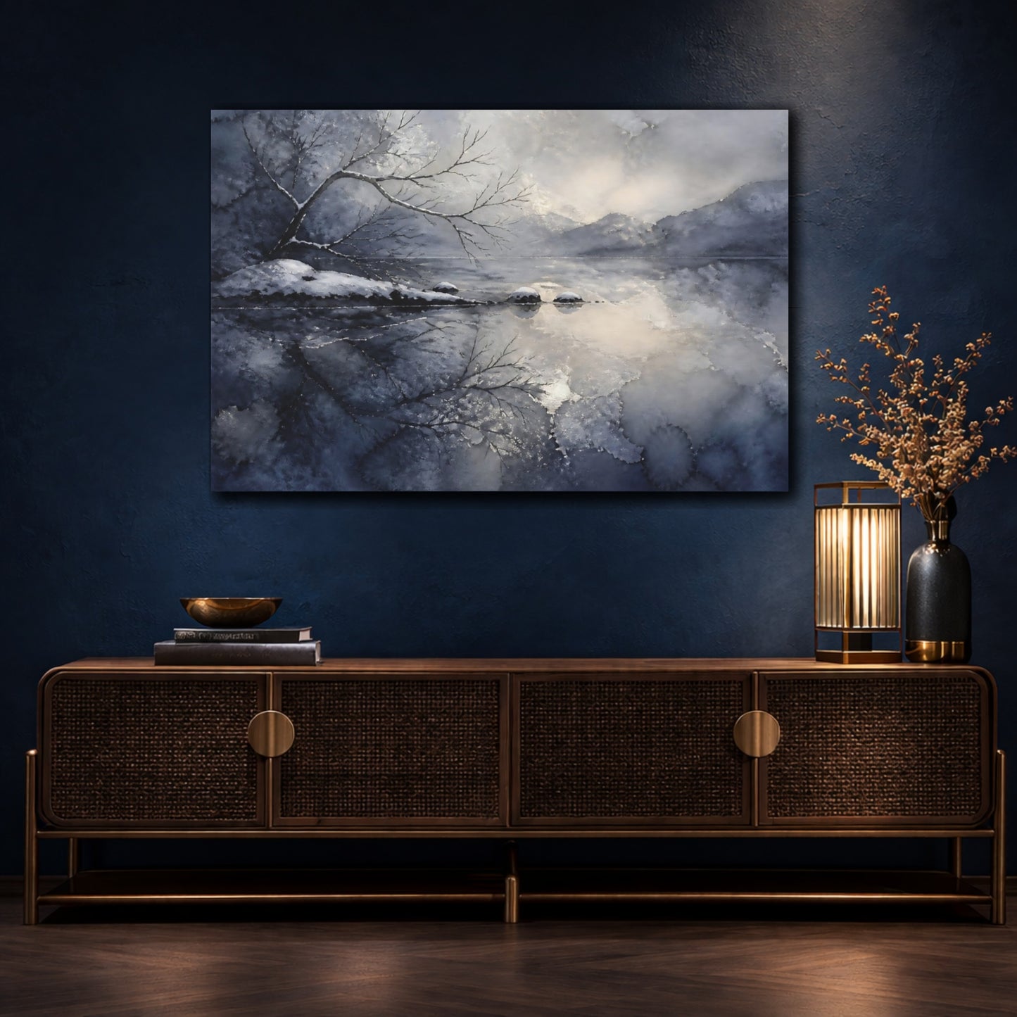 Mockup 4. Winter Lake Reflection shown as canvas print