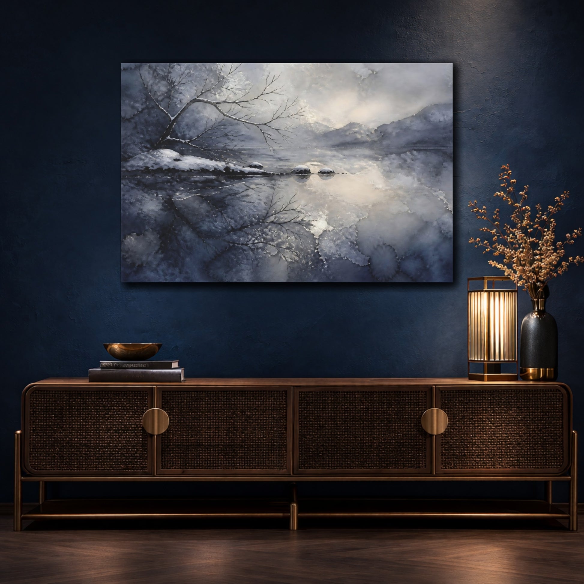 Mockup 4. Winter Lake Reflection shown as canvas print