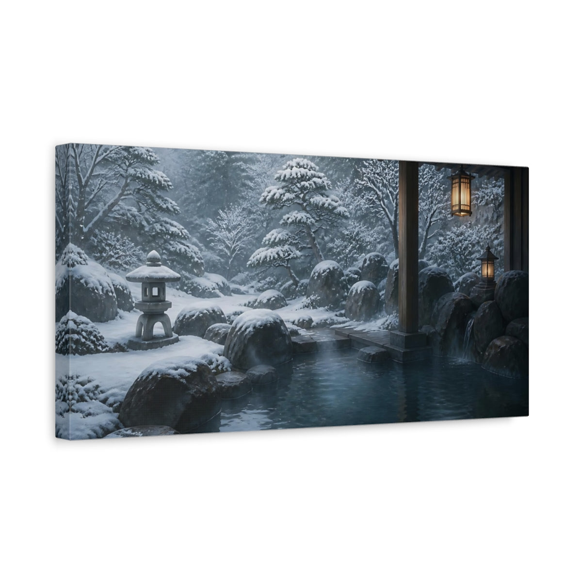 Side Mockup 3. Winter Onsen Retreat shown as canvas print