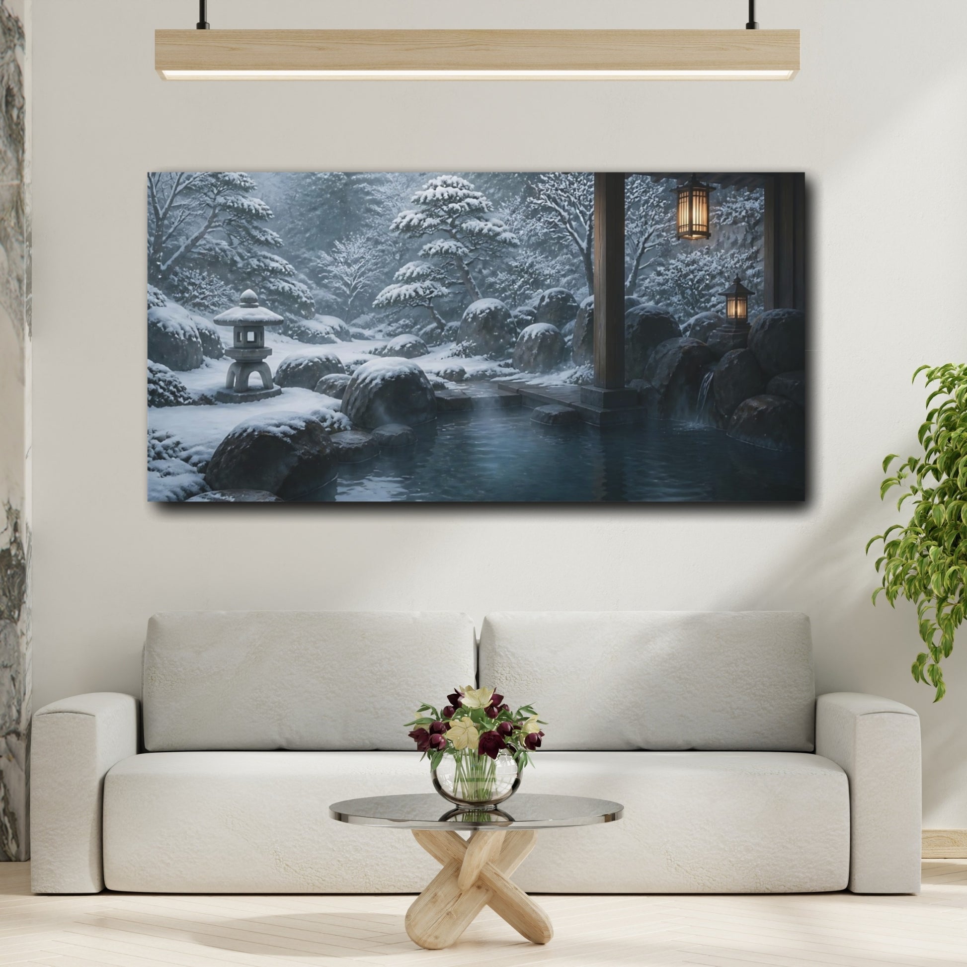 Mockup 2. Winter Onsen Retreat shown as canvas print