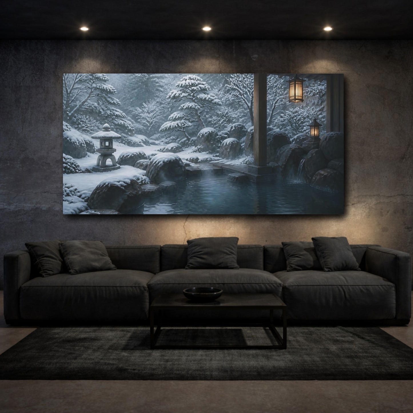 Mockup 3. Winter Onsen Retreat shown as canvas print