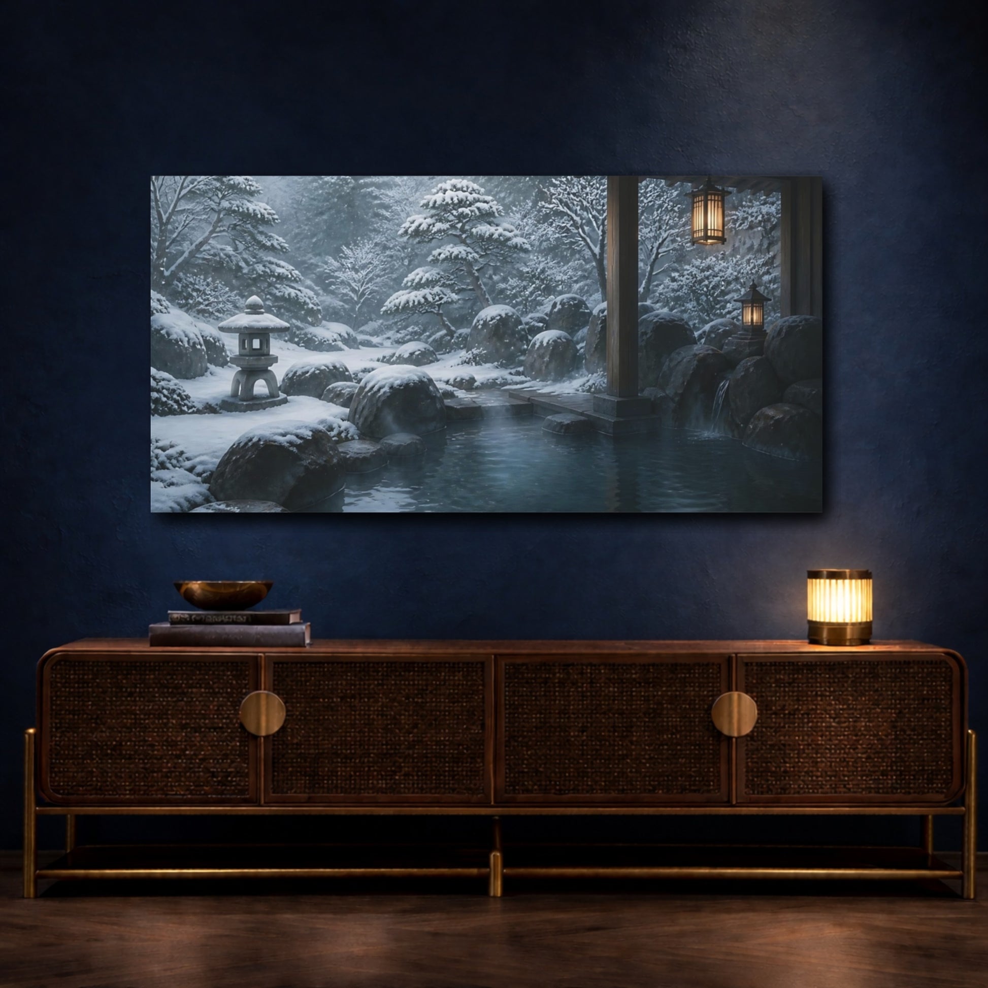 Mockup 4. Winter Onsen Retreat shown as canvas print