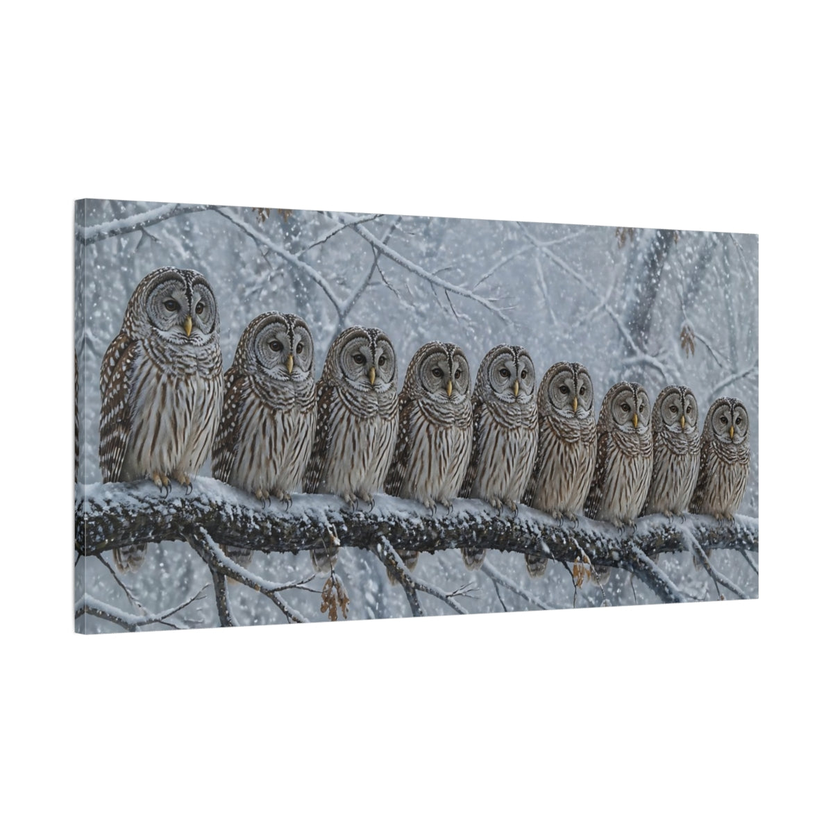 Main Mockup. Winter Owls On Branch shown as canvas print