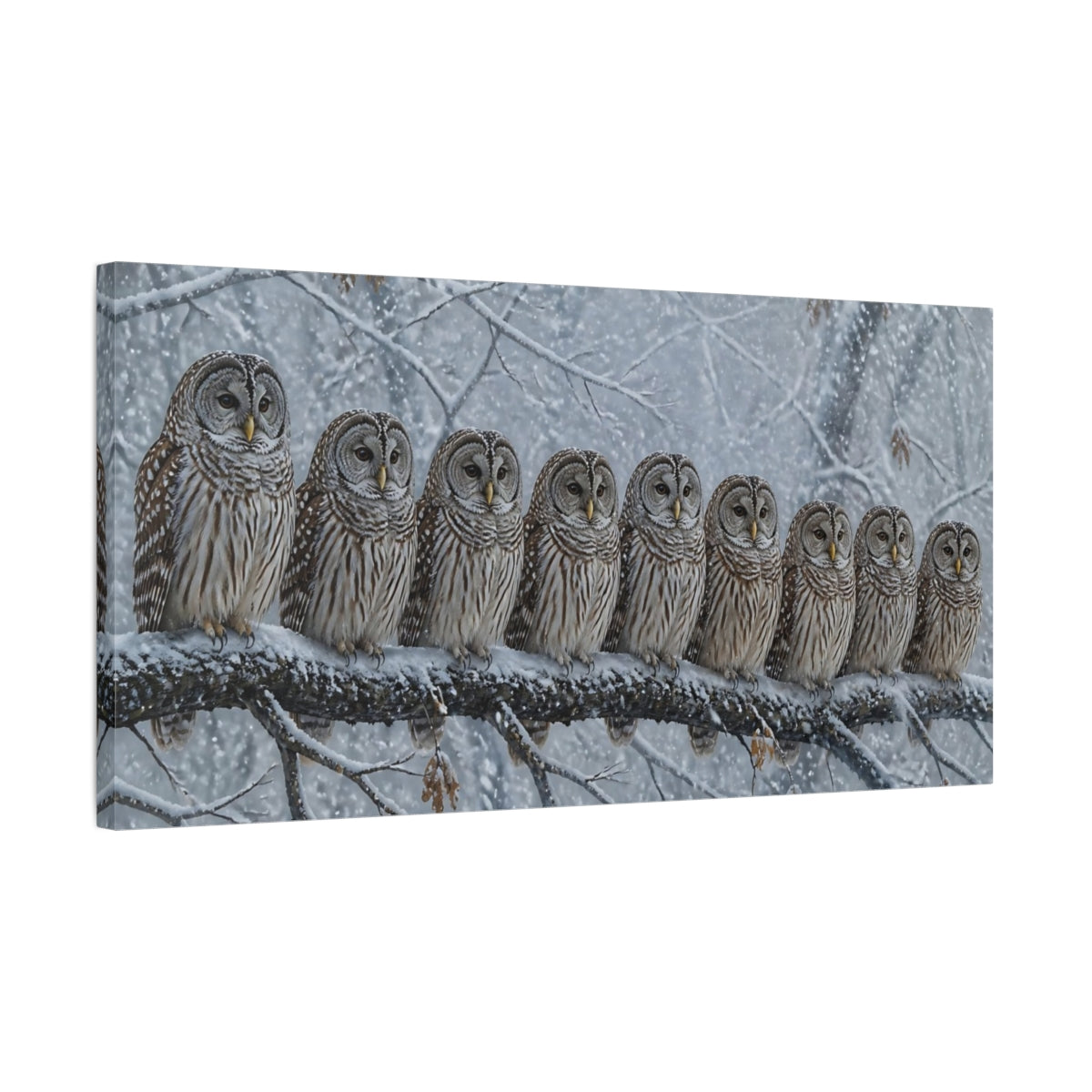 Side Mockup 1. Winter Owls On Branch shown as canvas print