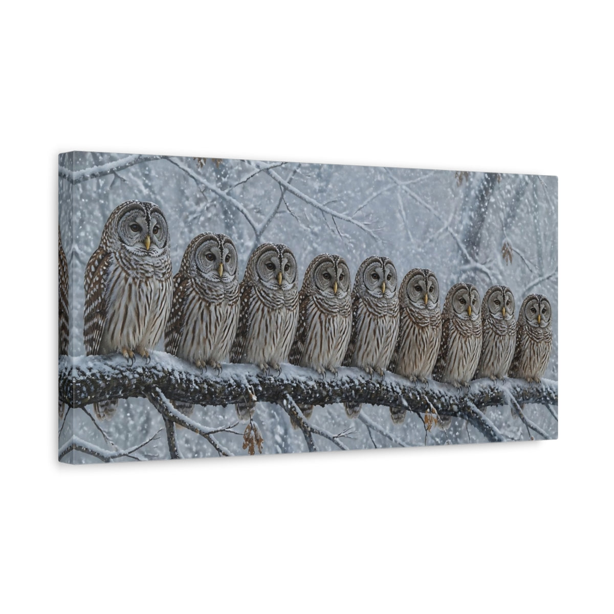 Side Mockup 3. Winter Owls On Branch shown as canvas print