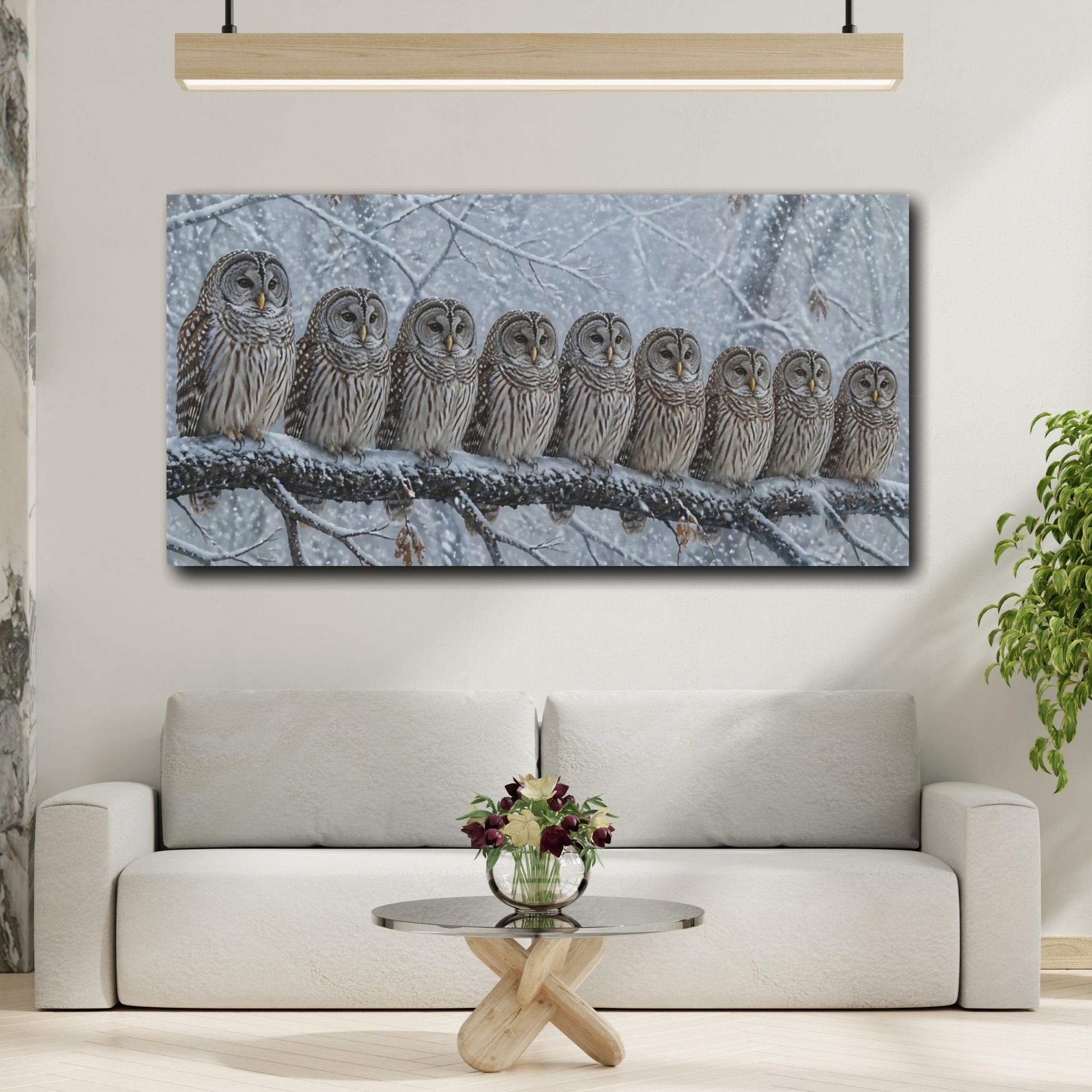 Mockup 2. Winter Owls On Branch shown as canvas print