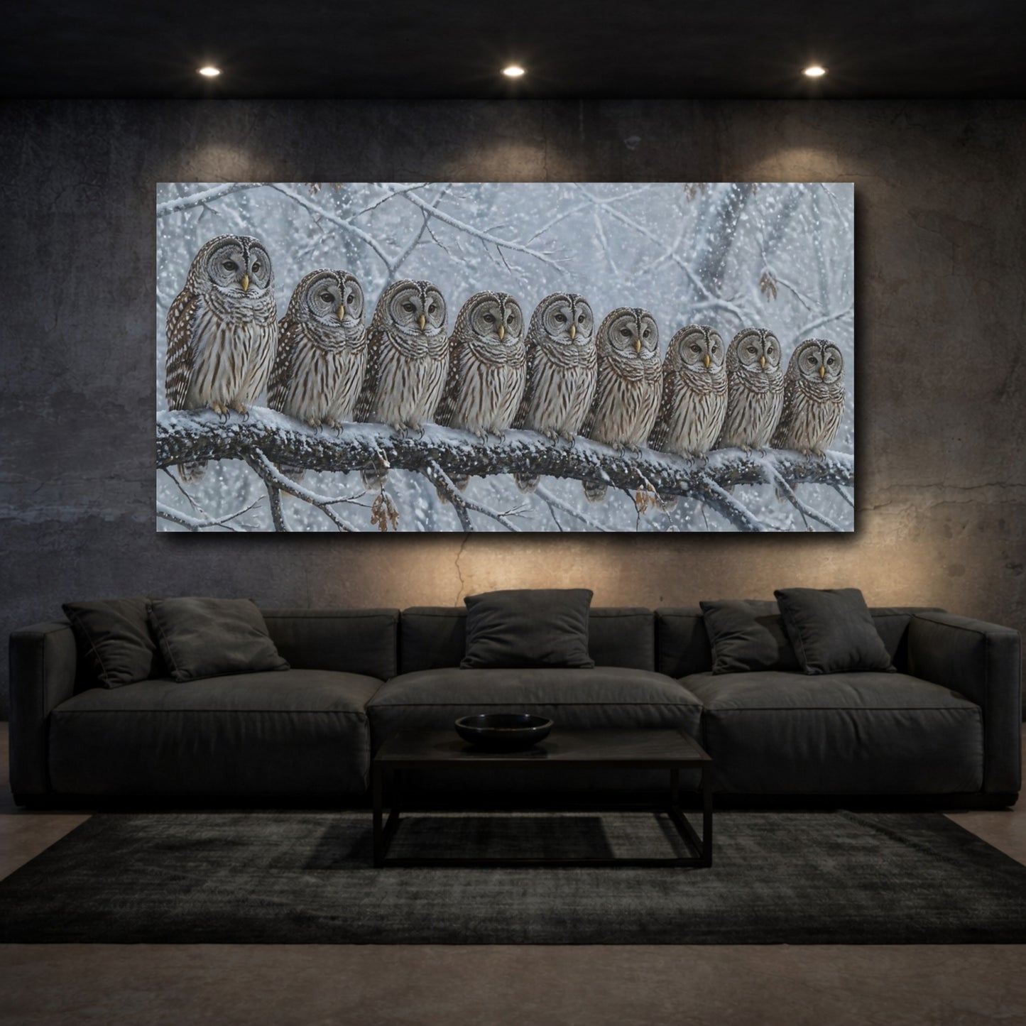 Mockup 3. Winter Owls On Branch shown as canvas print