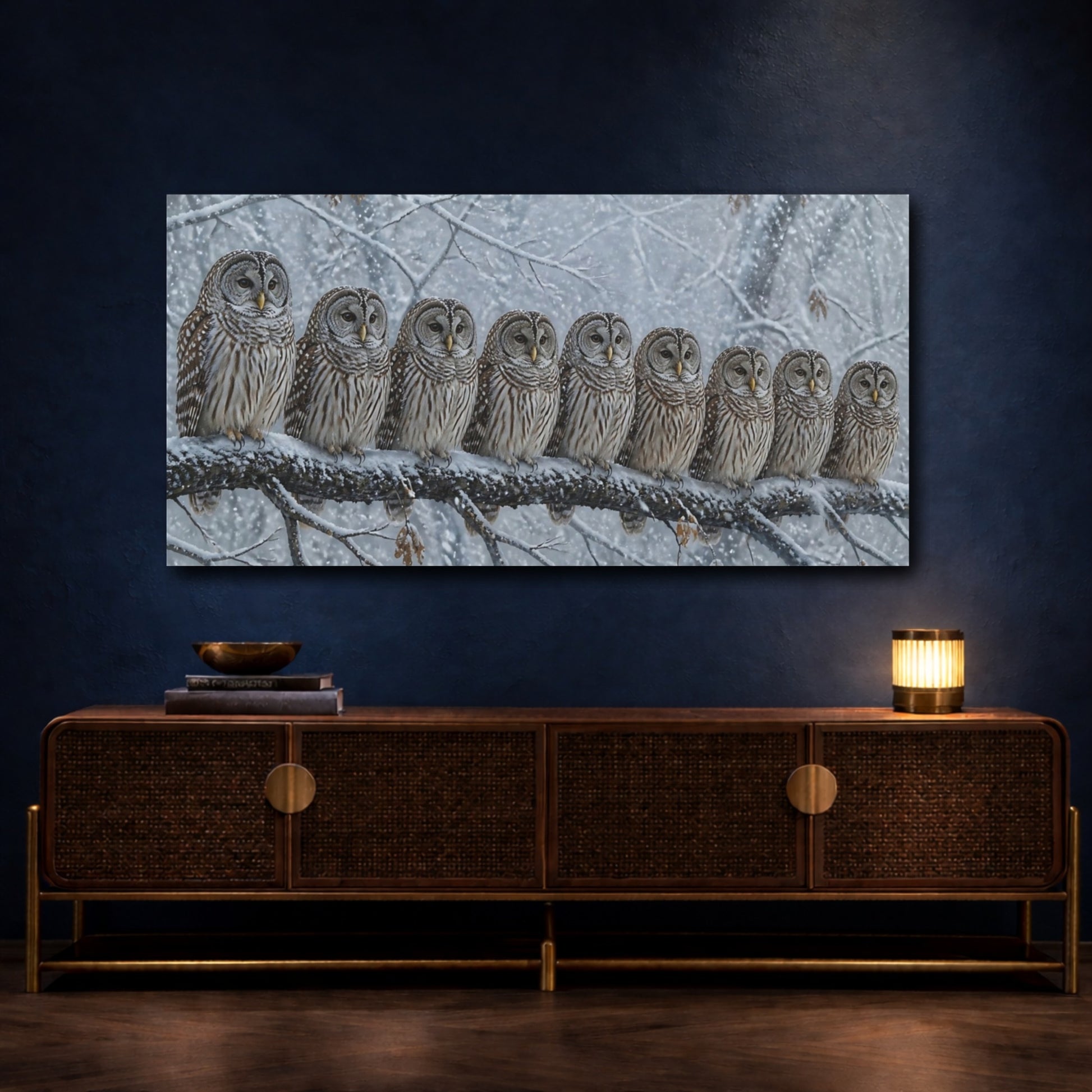 Mockup 4. Winter Owls On Branch shown as canvas print