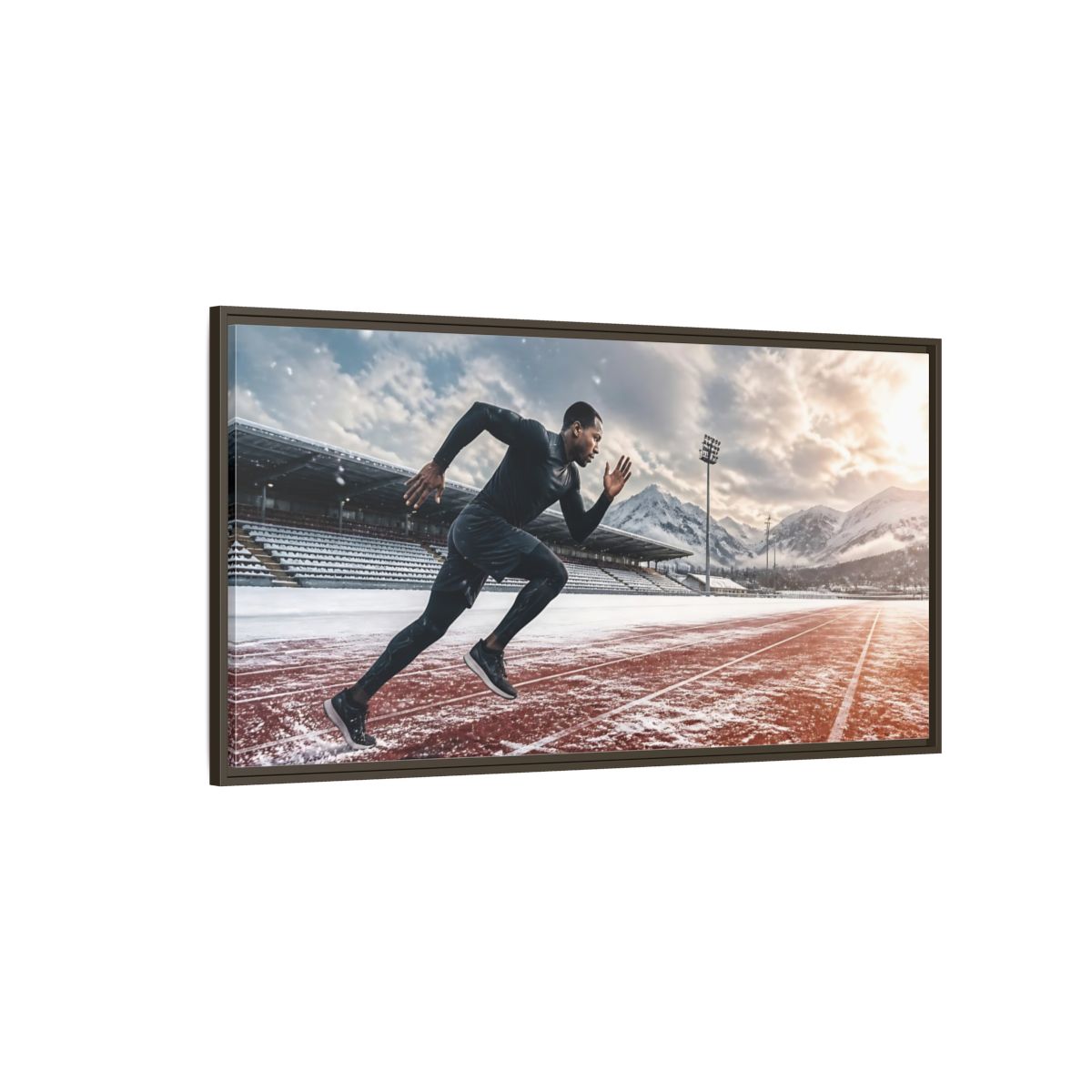 Side Mockup 4. Winter Track Sprinter shown as framed canvas print