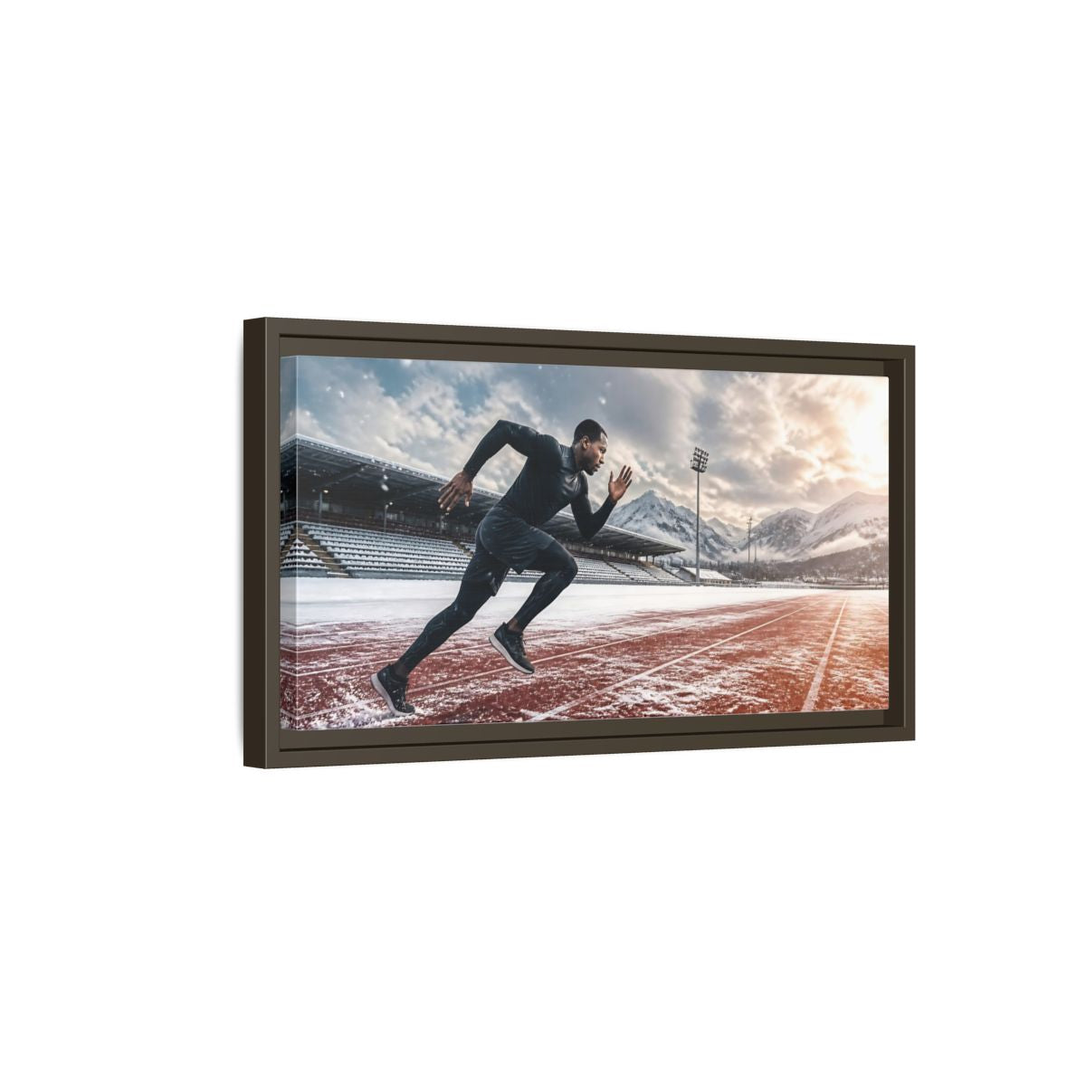 Side Mockup 7. Winter Track Sprinter shown as framed canvas print