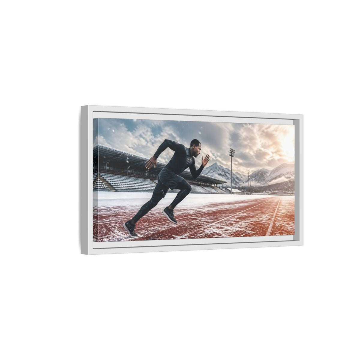 Side Mockup 6. Winter Track Sprinter shown as framed canvas print