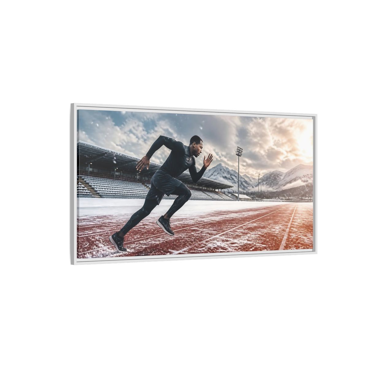 Side Mockup 3. Winter Track Sprinter shown as framed canvas print