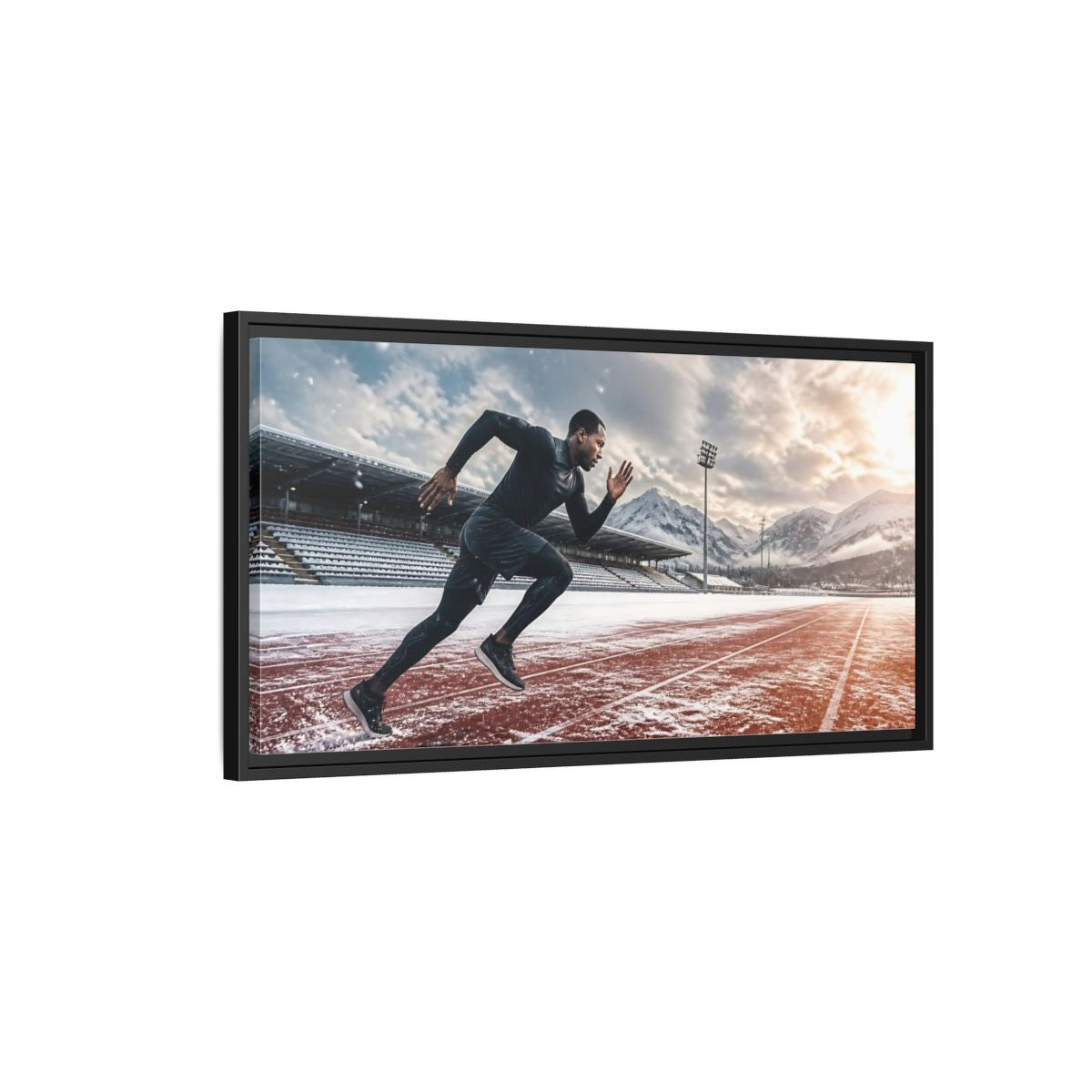 Side Mockup 2. Winter Track Sprinter shown as framed canvas print