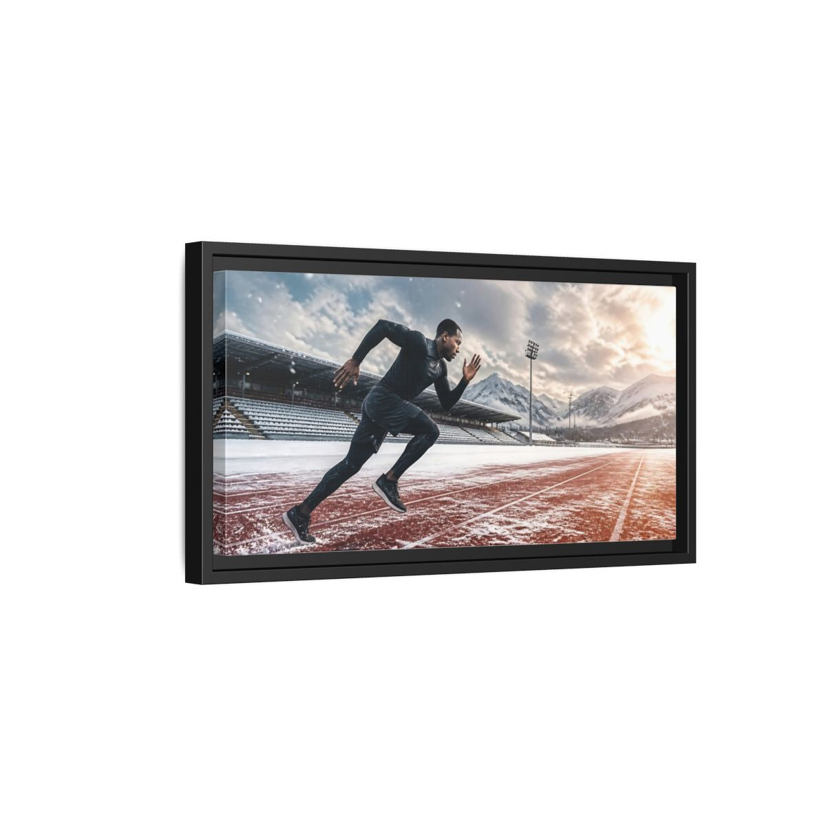 Side Mockup 8. Winter Track Sprinter shown as framed canvas print