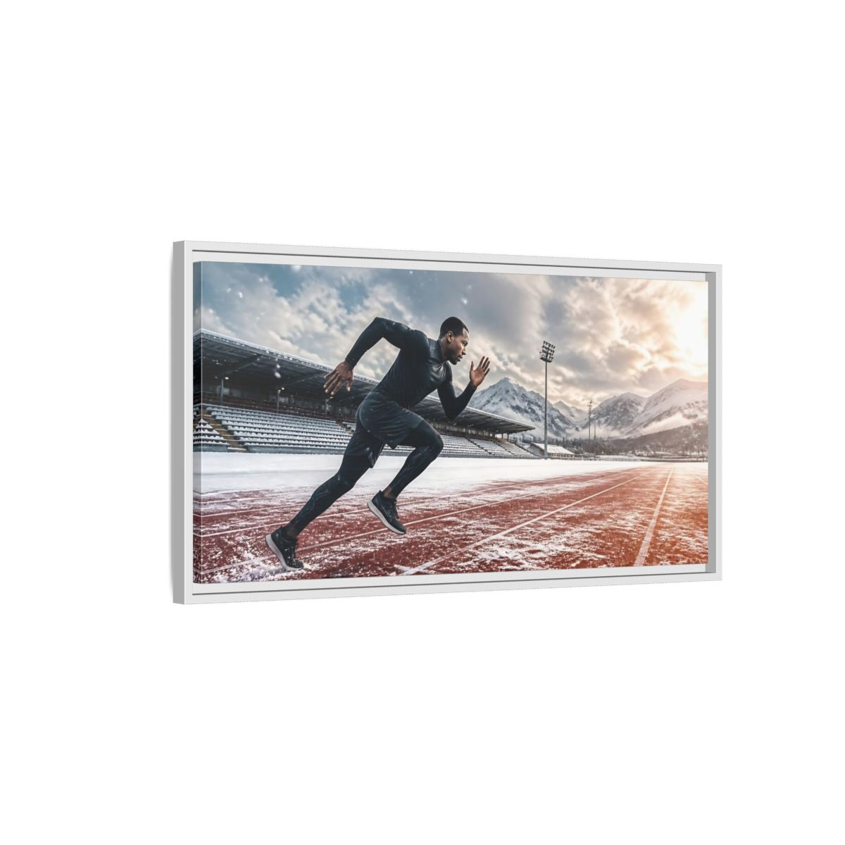 Side Mockup 1. Winter Track Sprinter shown as framed canvas print