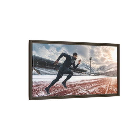 Main Mockup. Winter Track Sprinter shown as framed canvas print