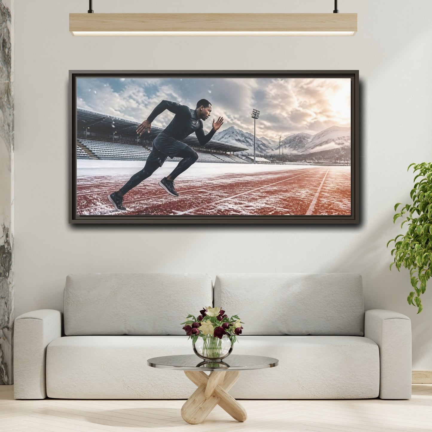 Mockup 2. Winter Track Sprinter shown as framed canvas print