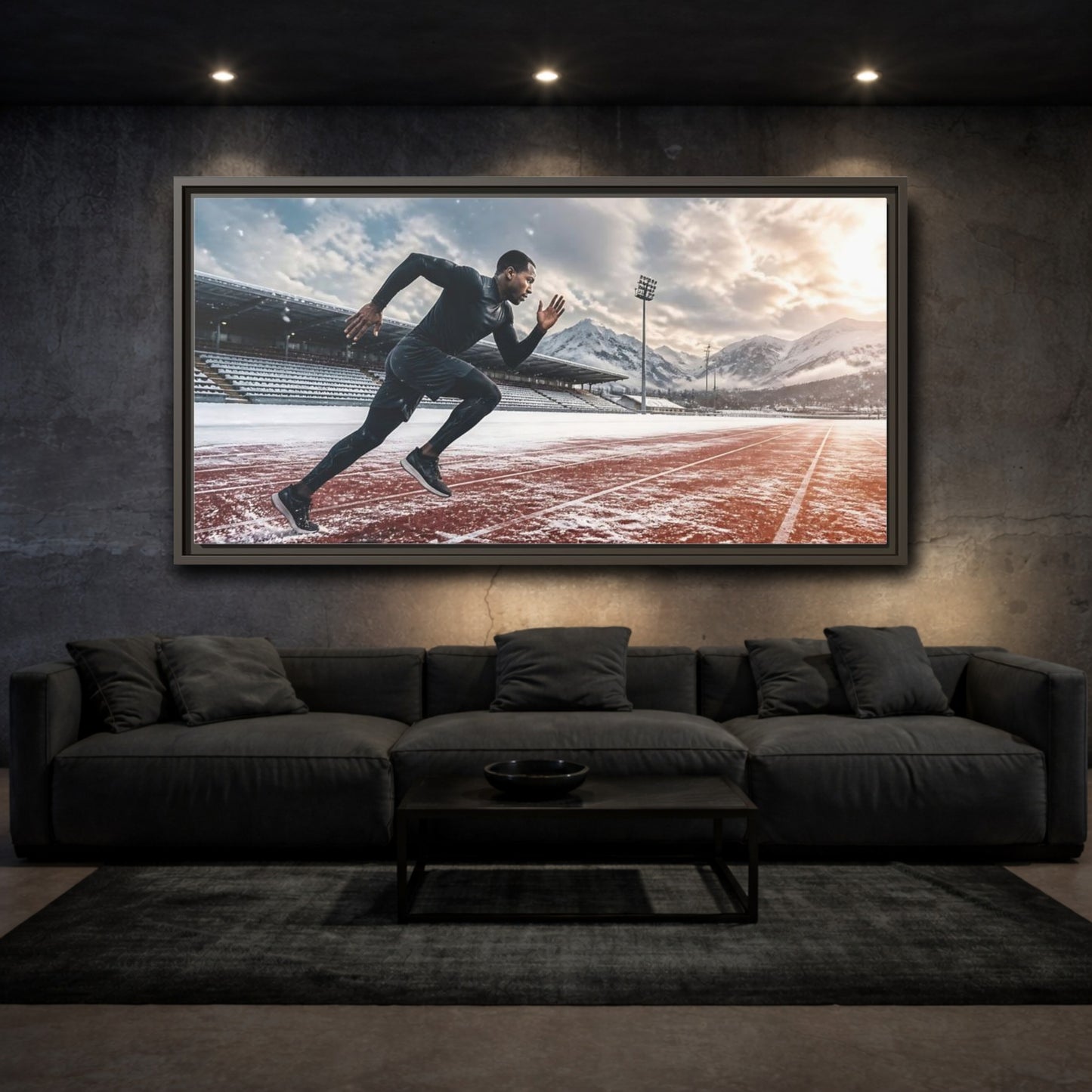 Mockup 3. Winter Track Sprinter shown as framed canvas print