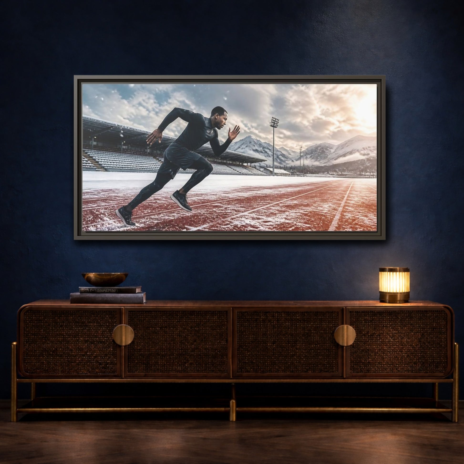 Mockup 4. Winter Track Sprinter shown as framed canvas print