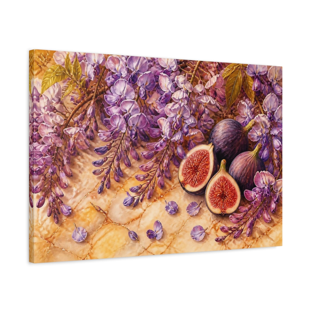 Side Mockup 2. Wisteria And Figs Still Life shown as canvas print