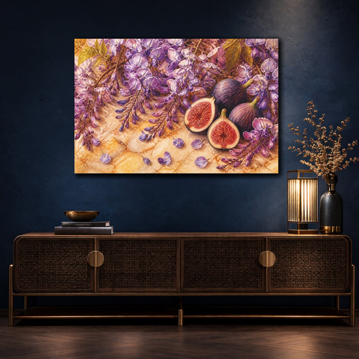 Mockup 4. Wisteria And Figs Still Life shown as canvas print