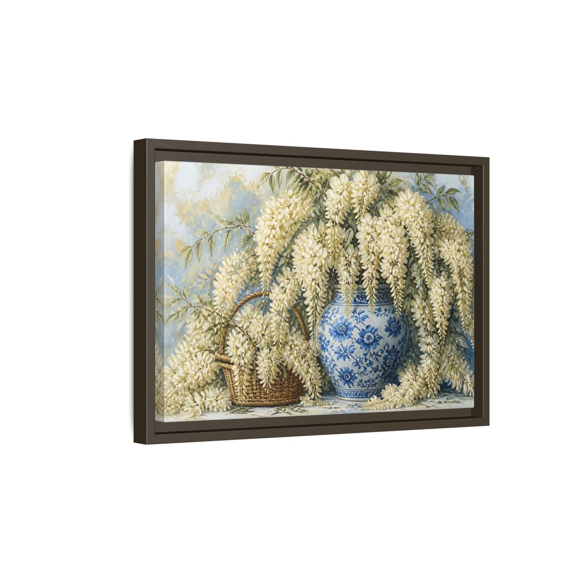 Side Mockup 5. Wisteria In Blue Vase shown as framed canvas print