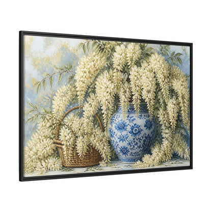 Side Mockup 12. Wisteria In Blue Vase shown as framed canvas print