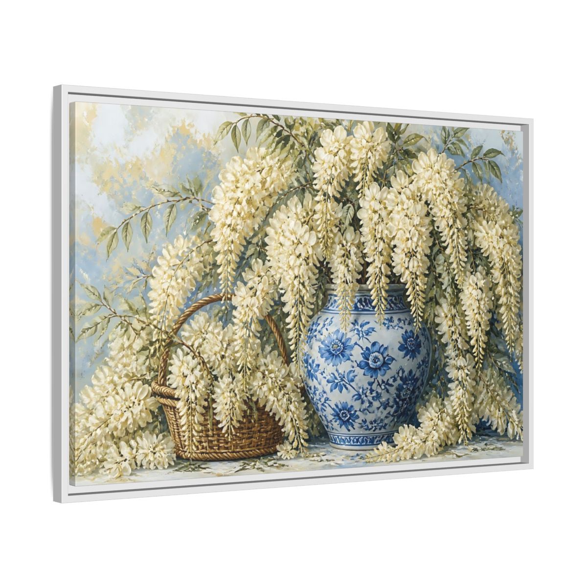 Side Mockup 9. Wisteria In Blue Vase shown as framed canvas print