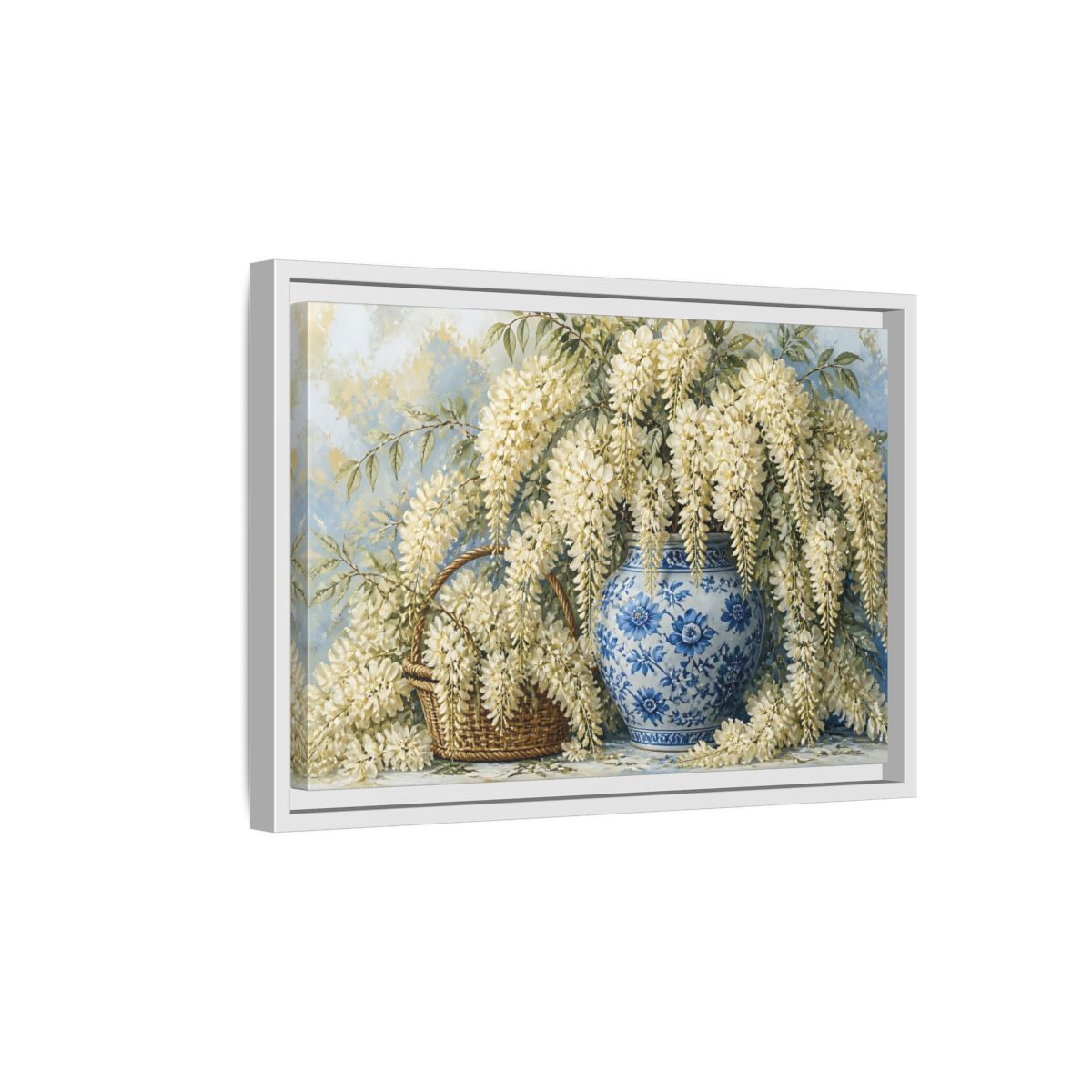 Side Mockup 4. Wisteria In Blue Vase shown as framed canvas print