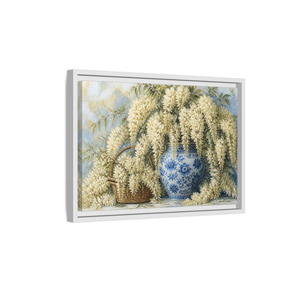 Side Mockup 4. Wisteria In Blue Vase shown as framed canvas print