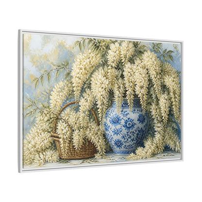Side Mockup 7. Wisteria In Blue Vase shown as framed canvas print