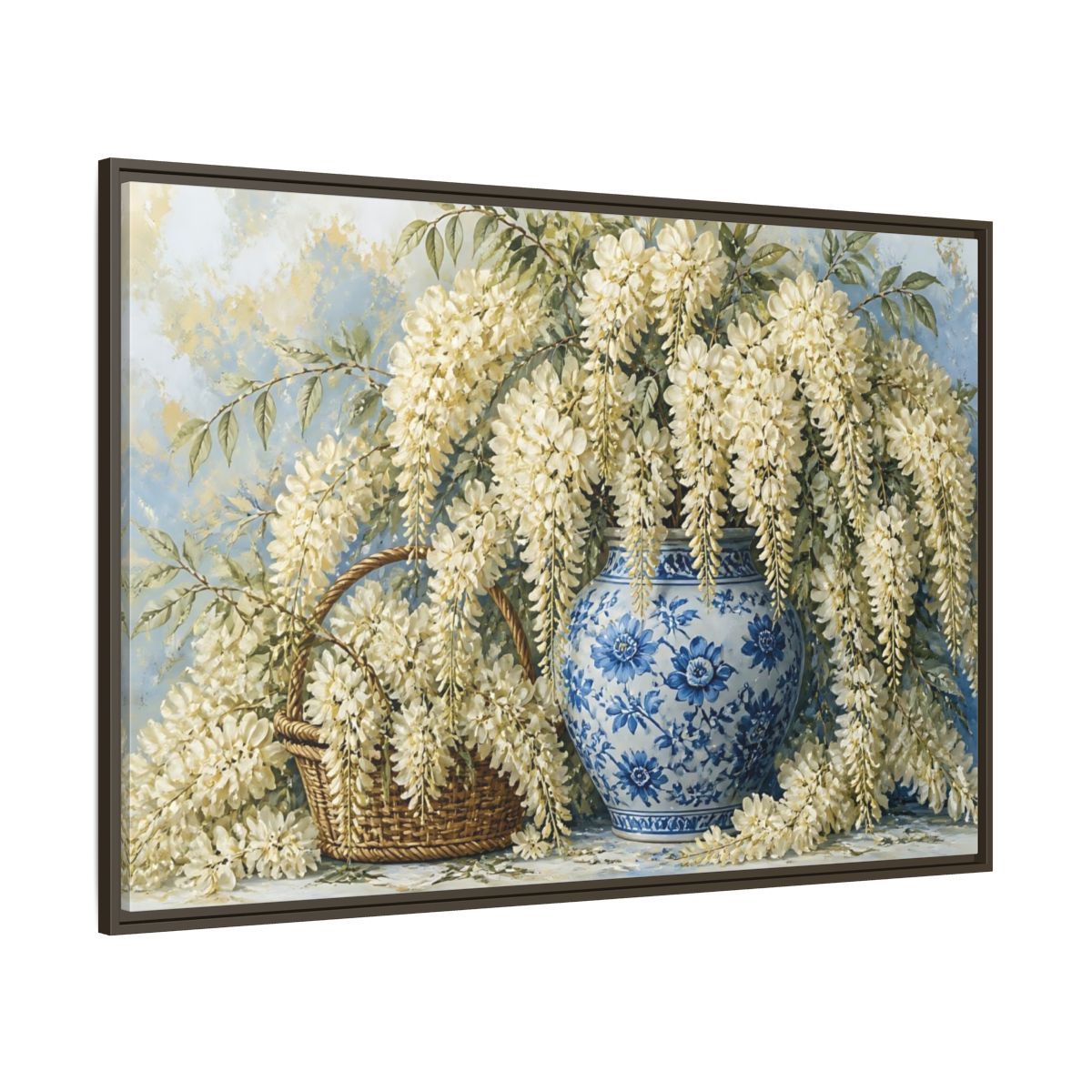 Side Mockup 8. Wisteria In Blue Vase shown as framed canvas print
