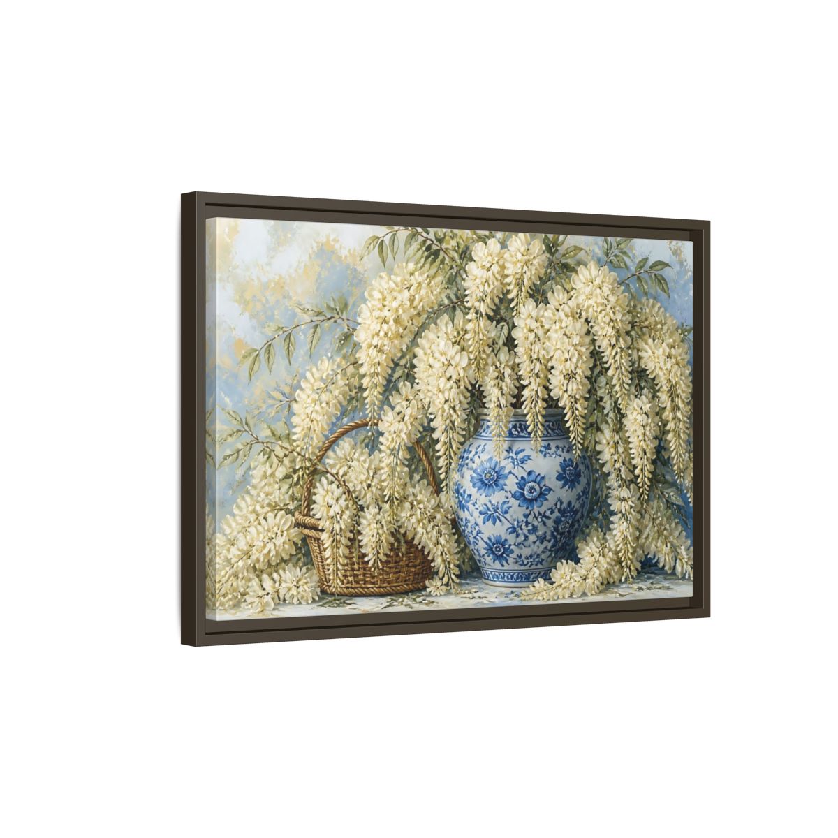 Side Mockup 2. Wisteria In Blue Vase shown as framed canvas print