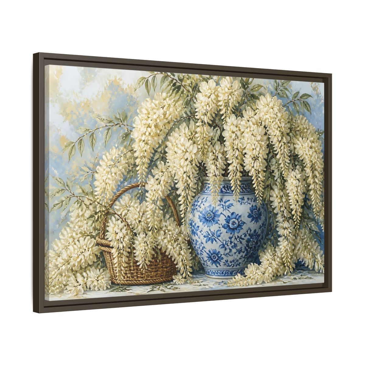 Side Mockup 11. Wisteria In Blue Vase shown as framed canvas print