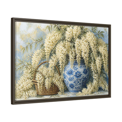 Side Mockup 11. Wisteria In Blue Vase shown as framed canvas print