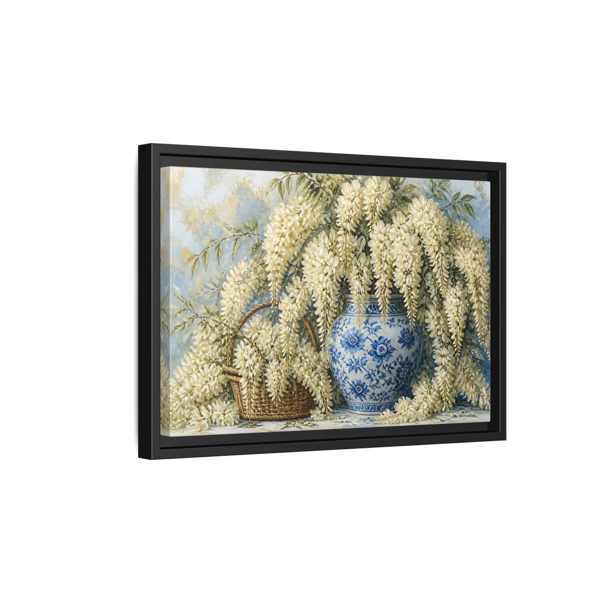 Side Mockup 6. Wisteria In Blue Vase shown as framed canvas print