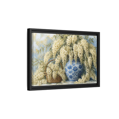 Side Mockup 6. Wisteria In Blue Vase shown as framed canvas print