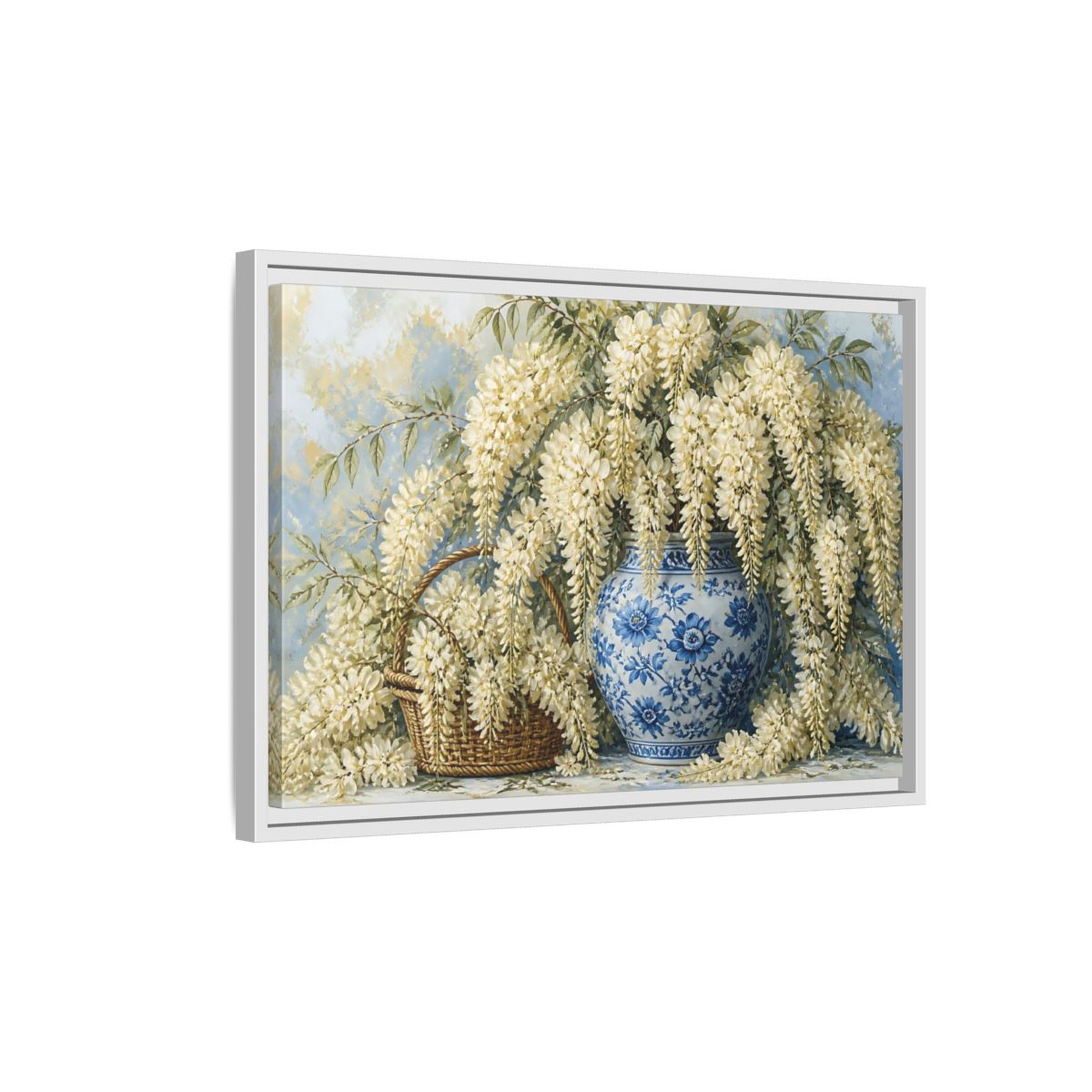 Side Mockup 1. Wisteria In Blue Vase shown as framed canvas print