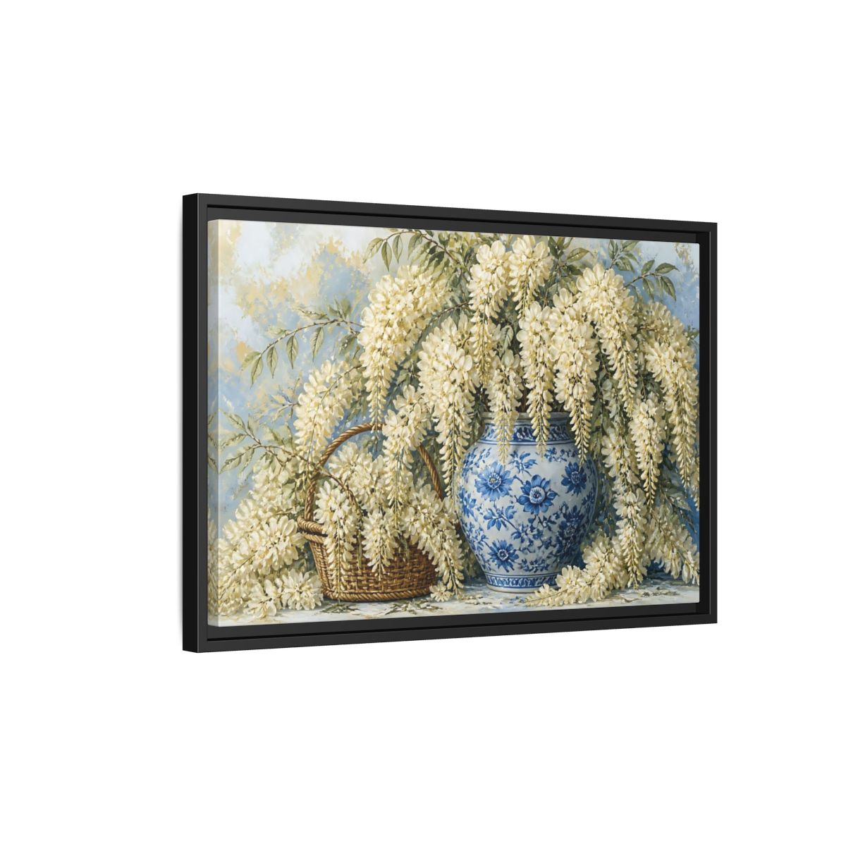 Side Mockup 3. Wisteria In Blue Vase shown as framed canvas print