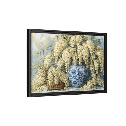 Side Mockup 3. Wisteria In Blue Vase shown as framed canvas print