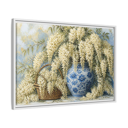 Side Mockup 10. Wisteria In Blue Vase shown as framed canvas print