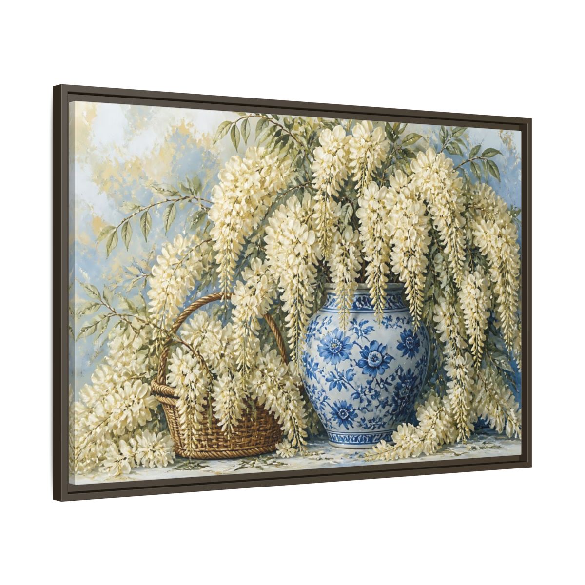 Main Mockup. Wisteria In Blue Vase shown as framed canvas print