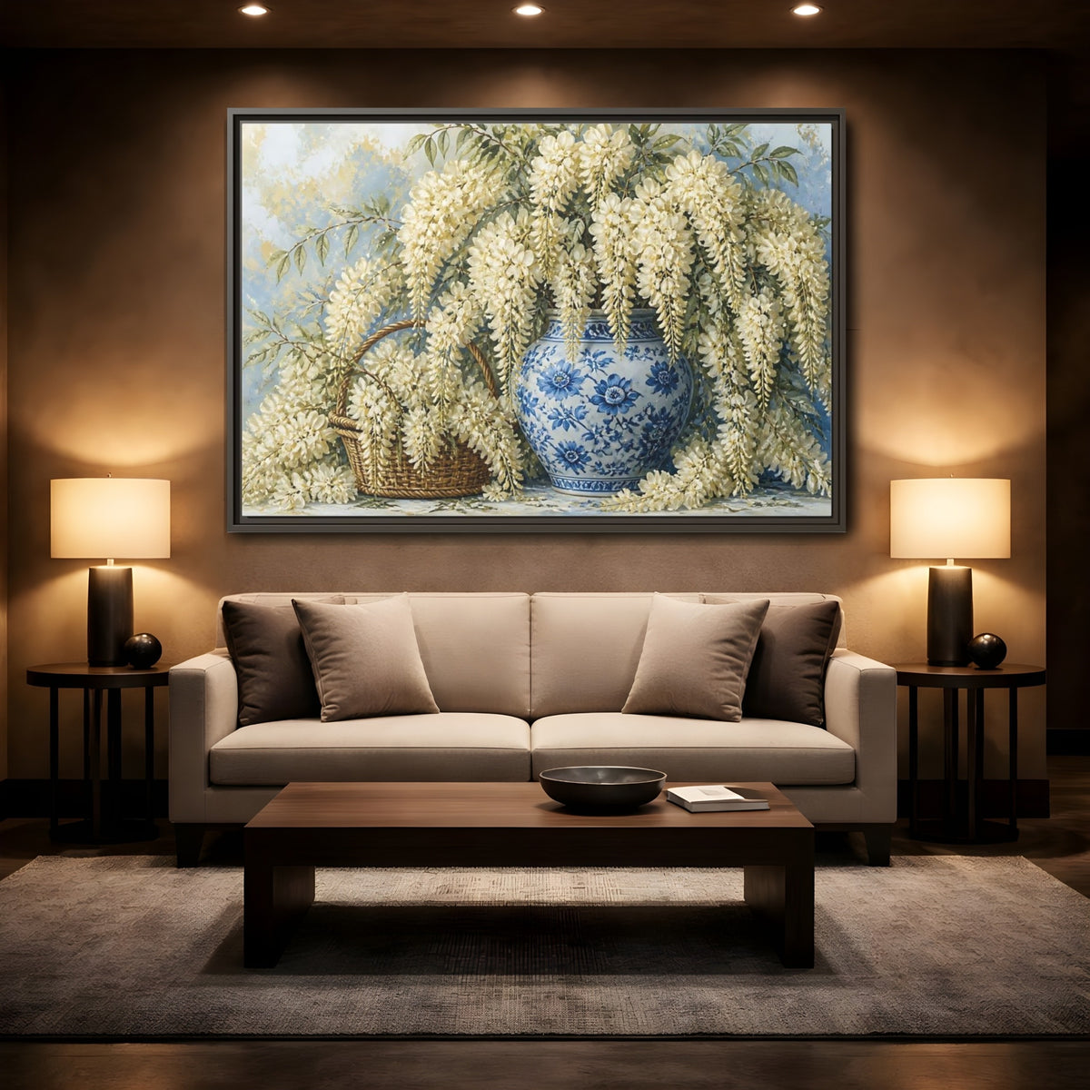 Mockup 2. Wisteria In Blue Vase shown as framed canvas print