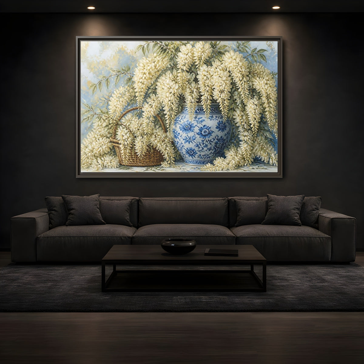 Mockup 3. Wisteria In Blue Vase shown as framed canvas print