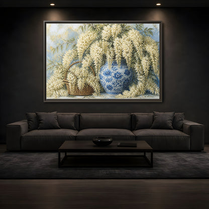 Mockup 3. Wisteria In Blue Vase shown as framed canvas print