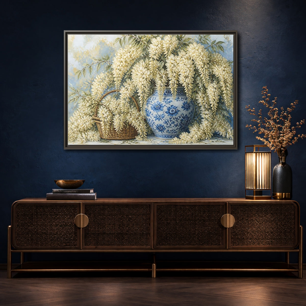 Mockup 4. Wisteria In Blue Vase shown as framed canvas print